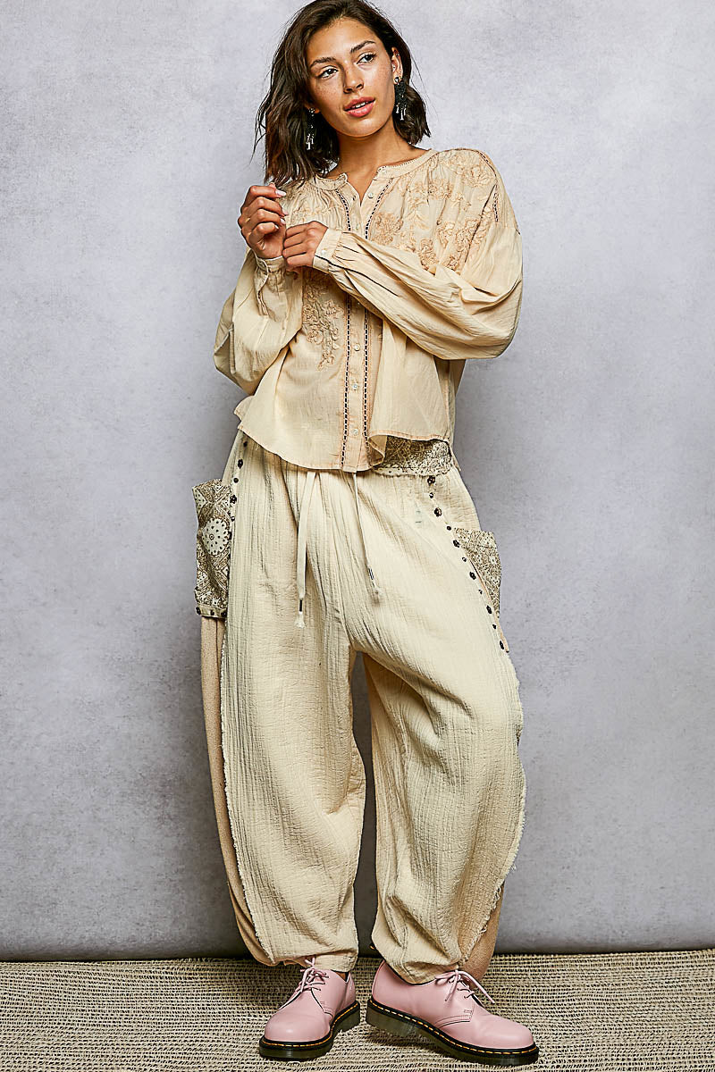 POL Stickerei Button Down Langarm Damenbluse