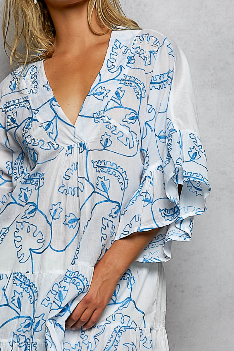 POL Gestufte Rüschendruck 3/4 Ärmel Damen Mini Kleid