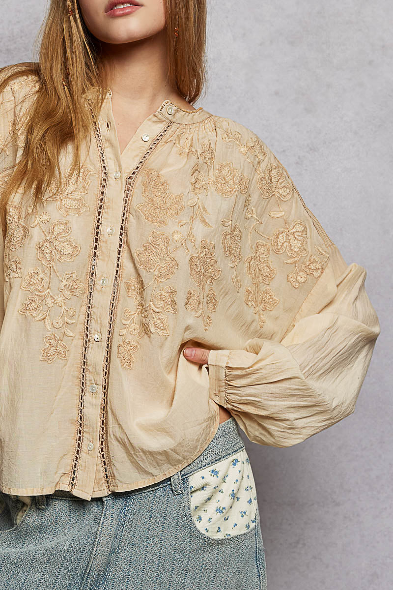 POL Stickerei Button Down Langarm Damenbluse