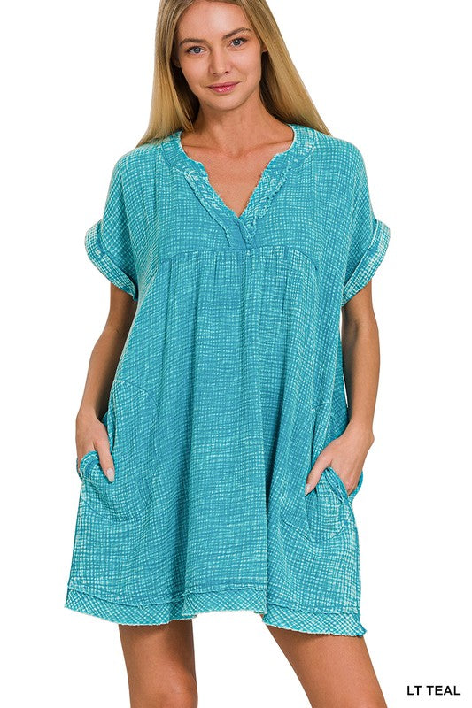 Zenana Baumwolle Doppel-Gaze Gewaschenes Damenkleid S-XL Hellteal