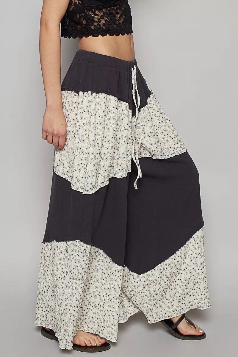 POL Kontrast Blumen Drawstring Weite Bein Damenhose
