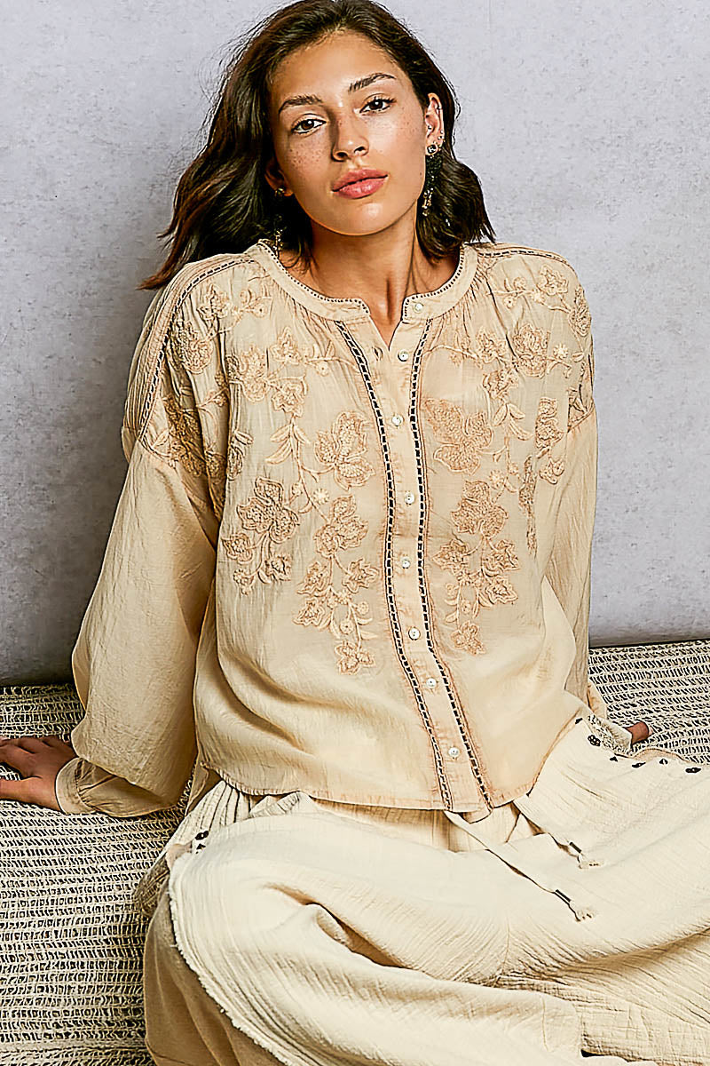 POL Stickerei Button Down Langarm Damenbluse
