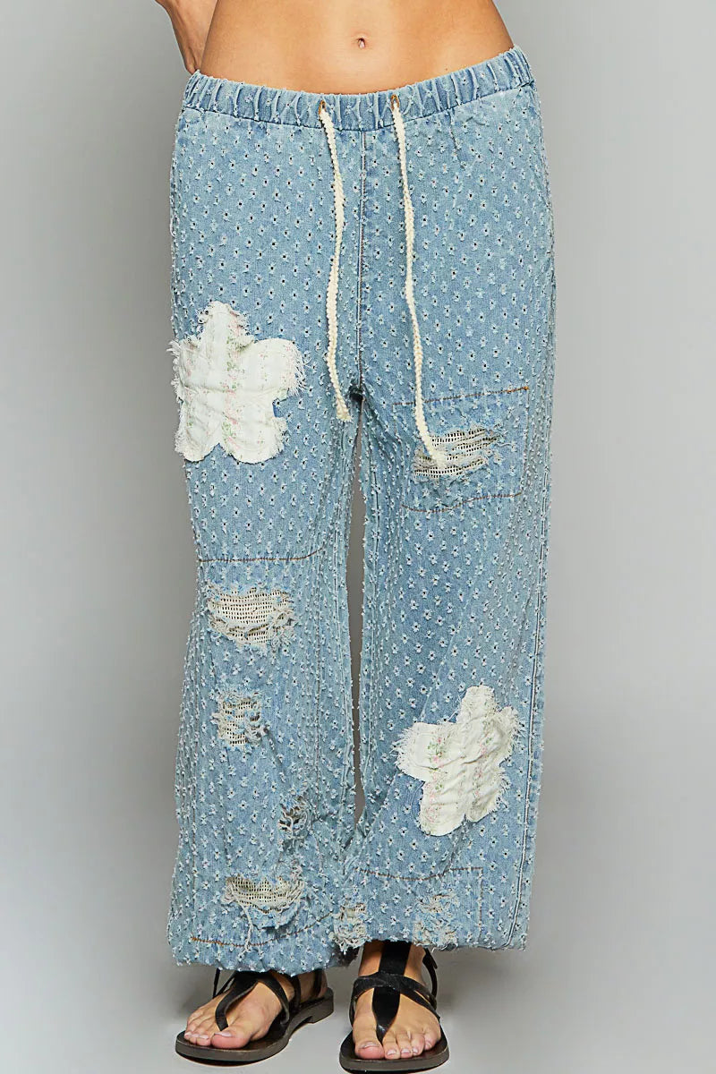 POL Floral Patch Gewaschen Texturiertes Twill Damenhose Häkelpatch