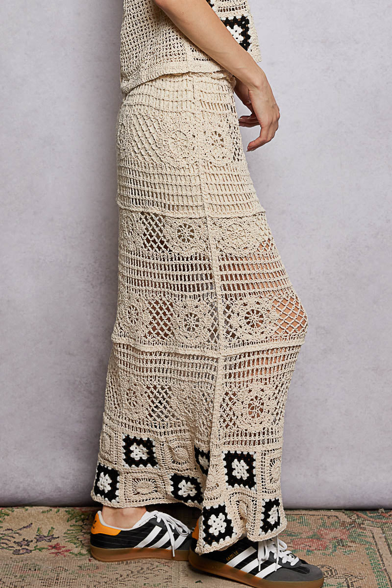 POL Floral Häkel-Rüschentaschen Damen Maxi Rock Granny Square Webart