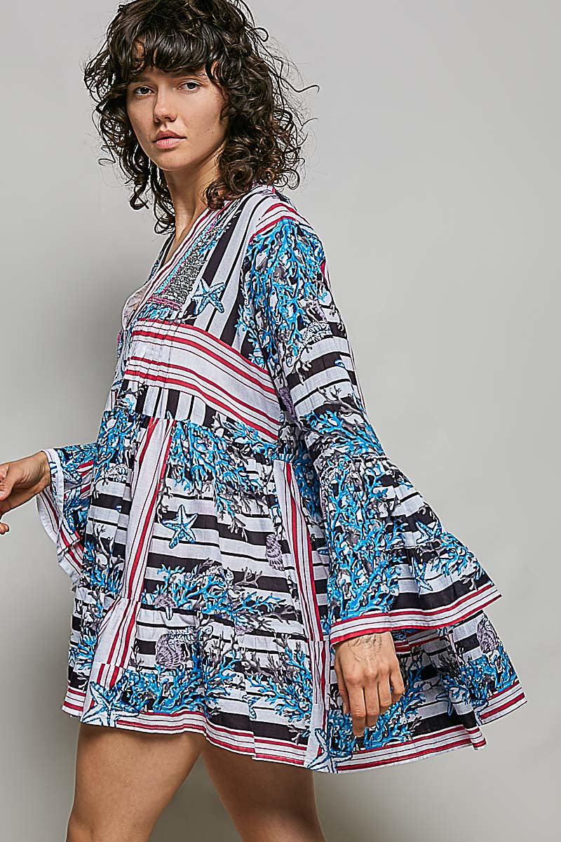 POL Gestreiftes Blumendesign Langarm Damen Mini-Kleid mit Falten-Detail