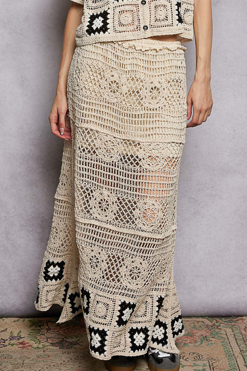 POL Floral Häkel-Rüschentaschen Damen Maxi Rock Granny Square Webart