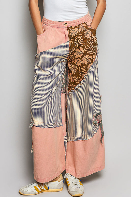 POL Gestreifte Blumen-Patchwork Weite Damenhose Big Star Patch