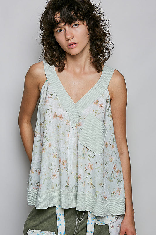 POL Floral V-Ausschnitt Damen Tanktop mit Fronttasche