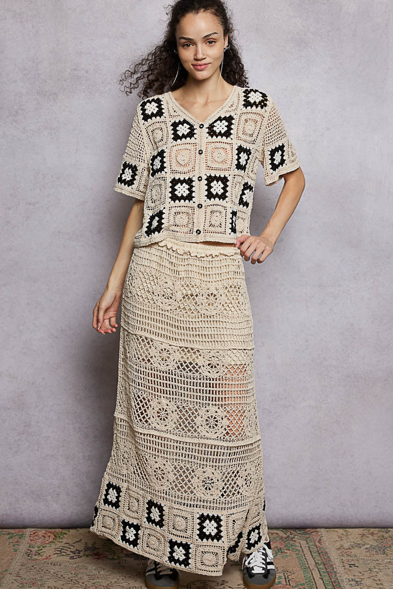 POL Floral Häkel-Rüschentaschen Damen Maxi Rock Granny Square Webart