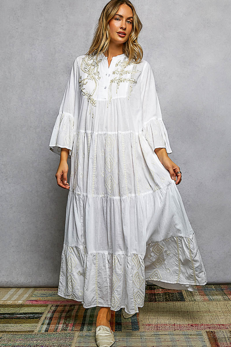 POL Besticktes Floral Tiered Damen Maxikleid