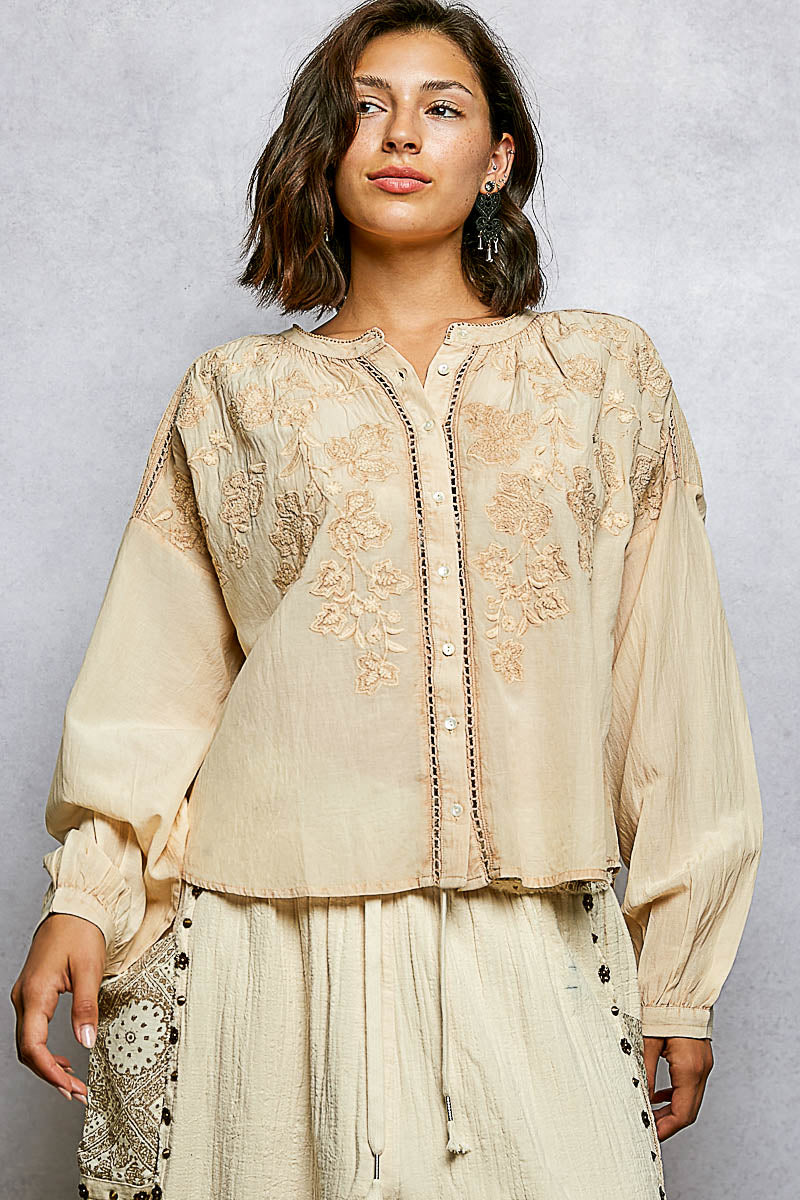 POL Stickerei Button Down Langarm Damenbluse