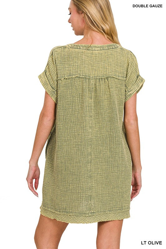 Zenana Baumwolle Doppel-Gaze gewaschenes Damenkleid S-XL Hellblau