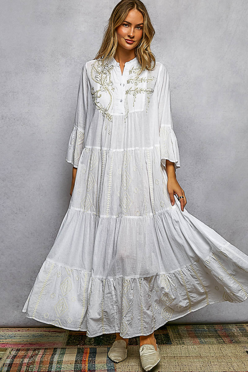 POL Besticktes Floral Tiered Damen Maxikleid