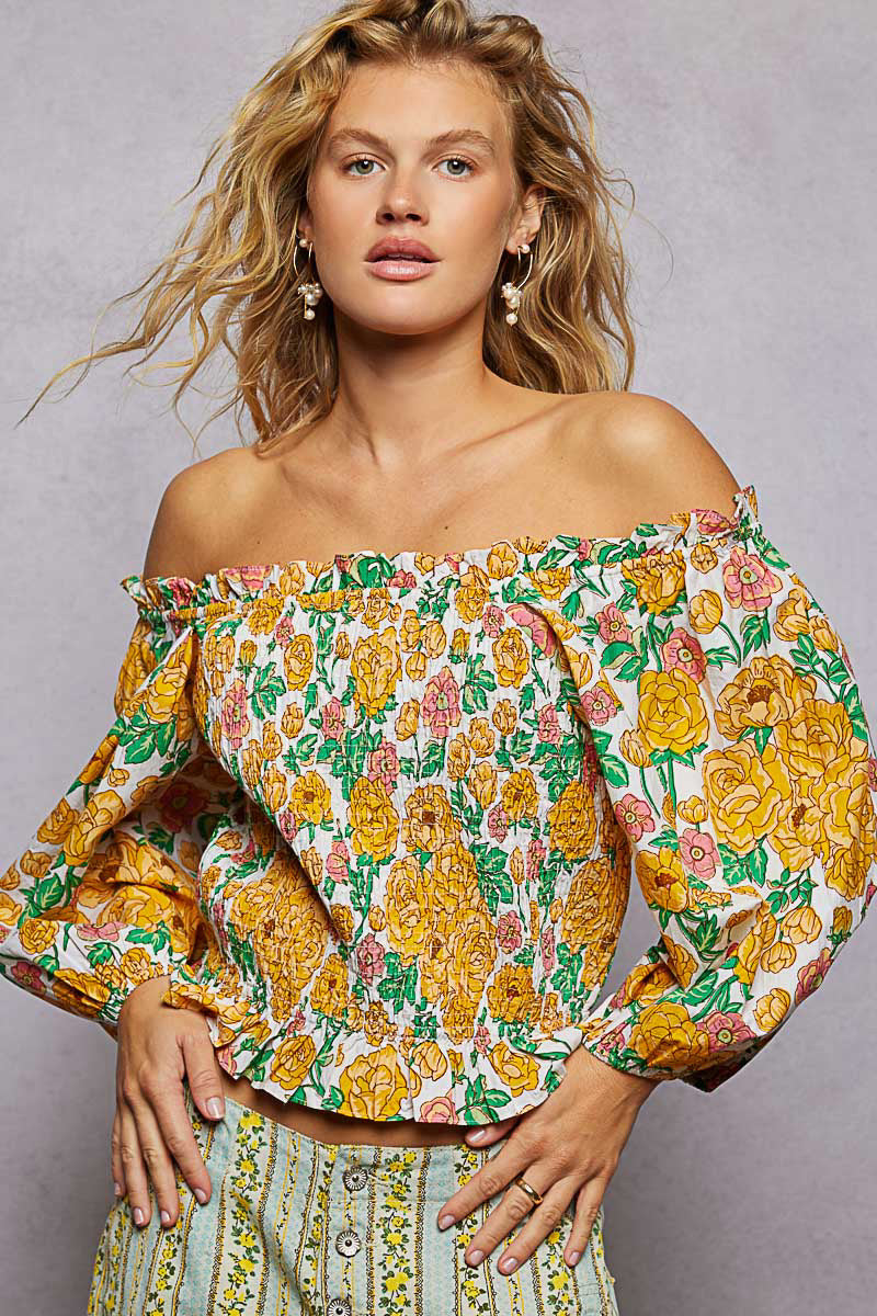 POL Blumenmuster Off-Shoulder Smocked Damenbluse